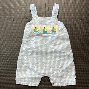 Lydia Kree Baby Blue Gingham Romper With Sailboat Embroidery Button Straps & Sna